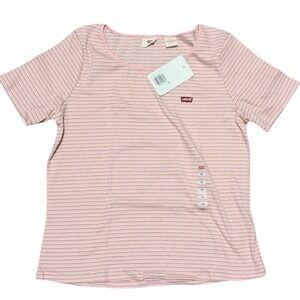 Levi's Plus 1X Babydoll Top Short Sleeve Ribbed Tee Shirt Pink Striped NWT